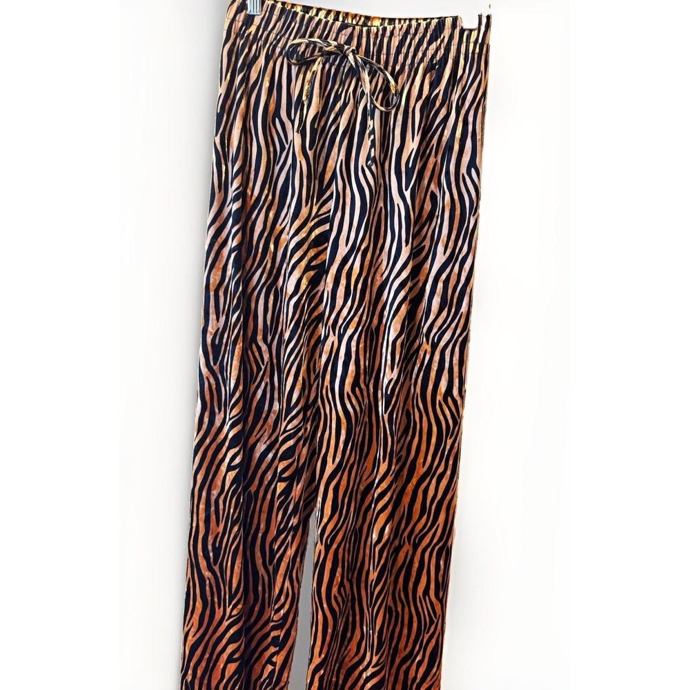 Velour Brown/Black Zebra Animal Print Wide Leg Pants Drawstring Elastic Waist M